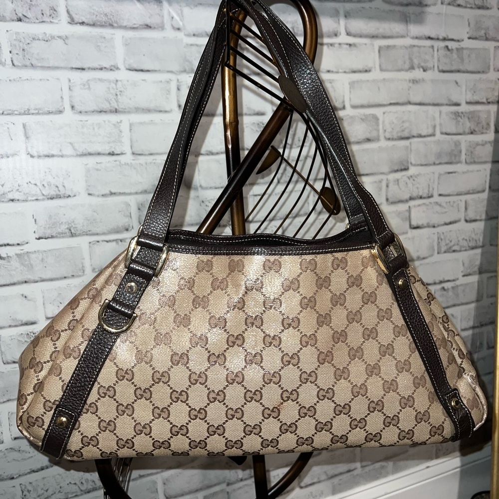 Gucci GG Crystal Tan and Dark Brown Abbey Shoulder Bag (Authentic Pre-owned)